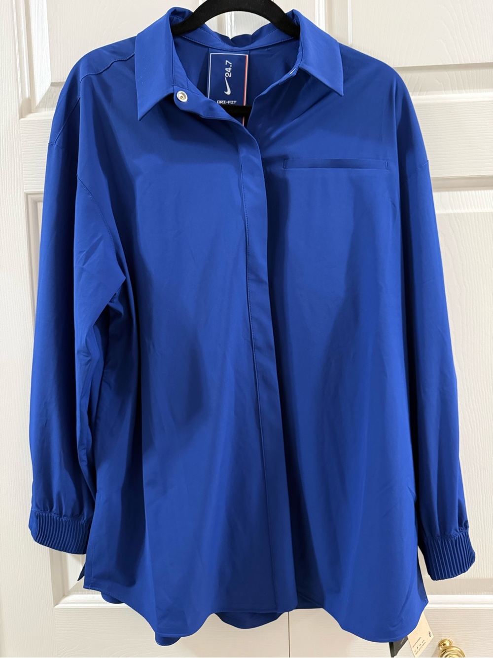 Nike 24.7 Dri-FIT Button Down Shirt Blue Oversized Stretch Women S